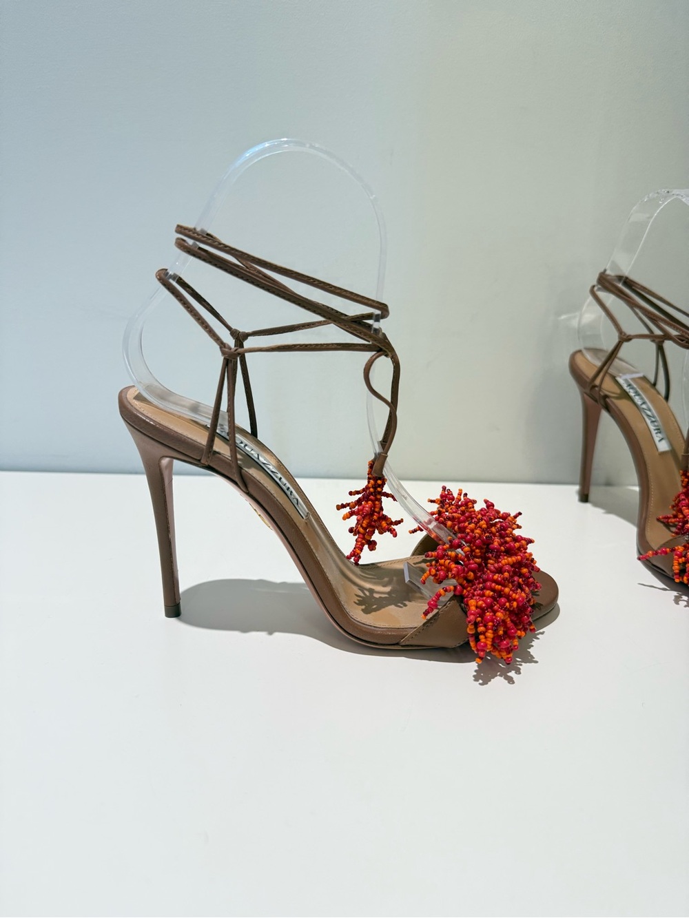 Aquazzura Brown Lace-Up Heels with Red and Orange Beaded Cluster *brand new*